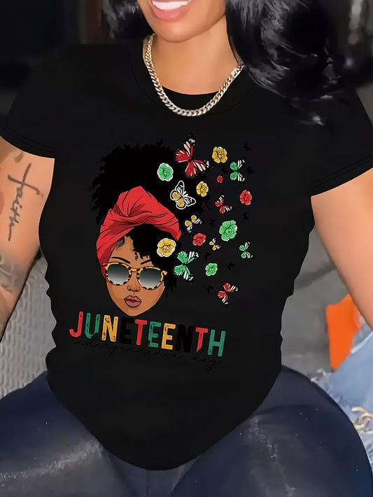 Plus Size Juneteenth Print T-shirt, Short Sleeve Crew Neck Casual Top For Summer & Spring, Women's Plus Size Clothing