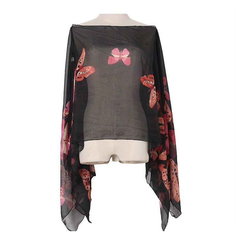 Stylish Butterfly Print Chiffon Scarf for Sun Protection and Beach Travel