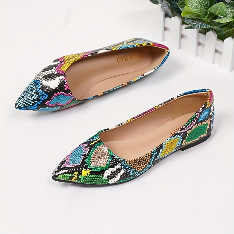 Women's Snakeskin Pattern Flat Shoes, Elegant Point Toe Slip On Shoes, Lightweight & Comfortable Shoes