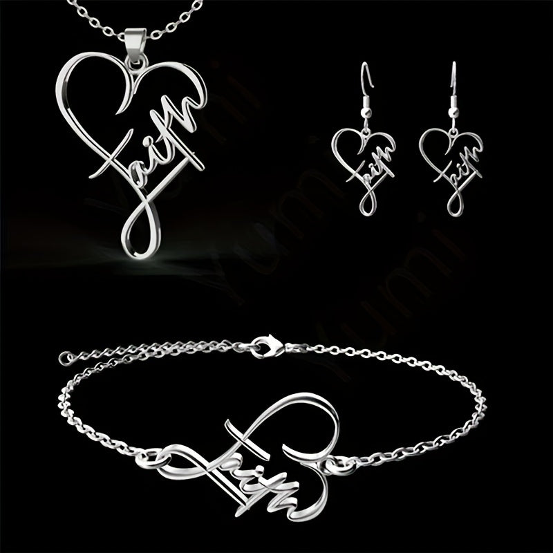 Vintage Stainless Steel Faith Cross Necklace & Bracelet & Earrings Set Christmas Easter Holiday Gift For Girls