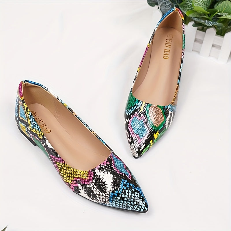 Women's Snakeskin Pattern Flat Shoes, Elegant Point Toe Slip On Shoes, Lightweight & Comfortable Shoes