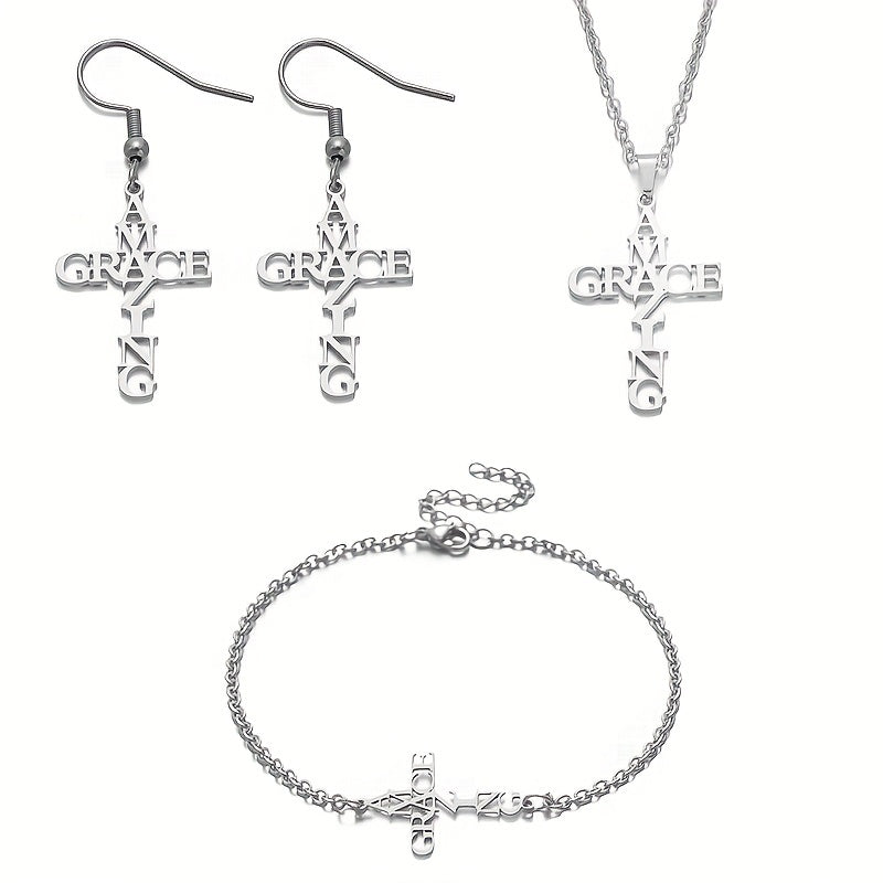 Vintage Stainless Steel Faith Cross Necklace & Bracelet & Earrings Set Christmas Easter Holiday Gift For Girls