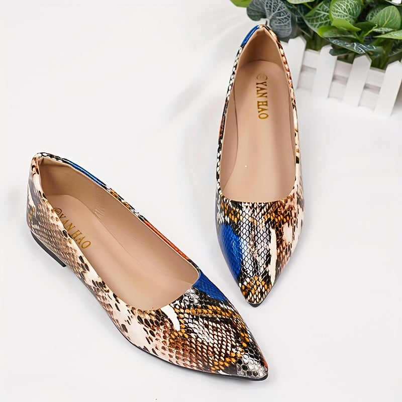 Women's Snakeskin Pattern Flat Shoes, Elegant Point Toe Slip On Shoes, Lightweight & Comfortable Shoes