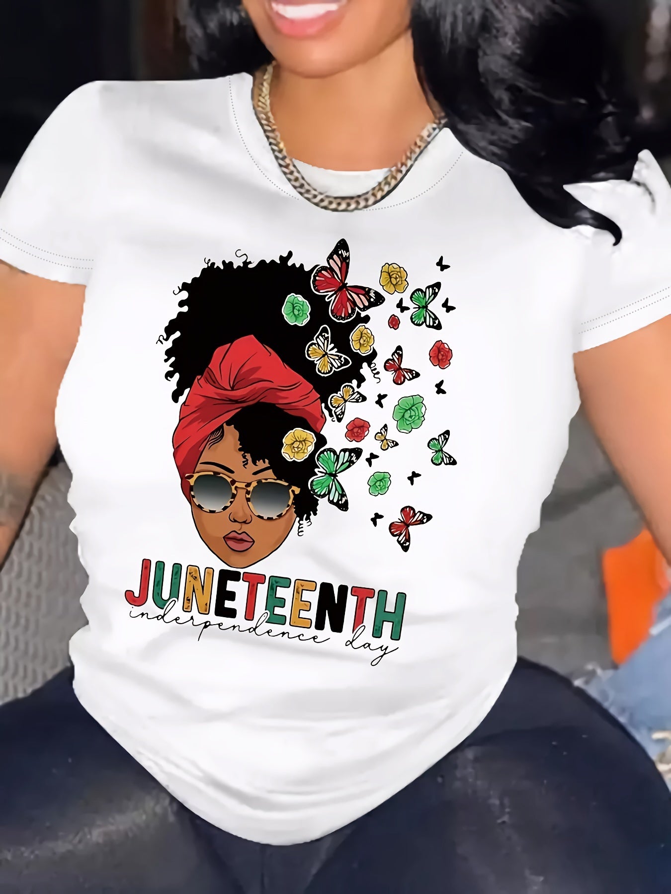 Plus Size Juneteenth Print T-shirt, Short Sleeve Crew Neck Casual Top For Summer & Spring, Women's Plus Size Clothing