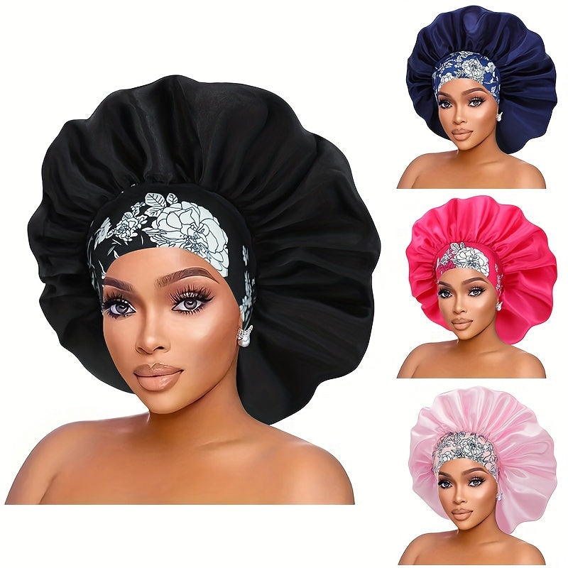 Silky Hair Bonnet Shower Cap For Women, Large Shower Cap With Rose Flower Pattern Elastic Wide Band For Curly Straight Hair, Bathroom Accessories