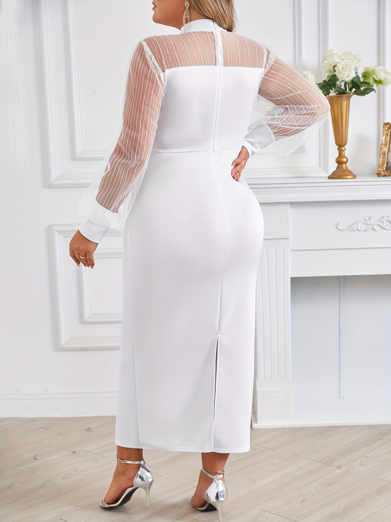 Women's Elegant Dress, Plus Size Contrast Mesh Lantern Sleeve Mock Neck Split Back Maxi Formal Dress