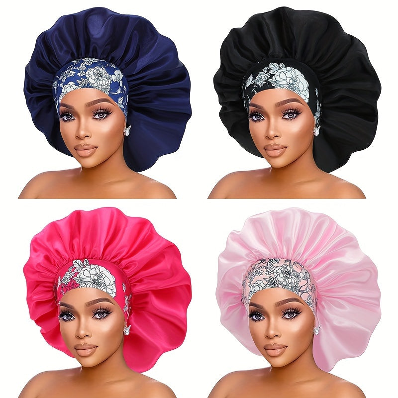 Silky Hair Bonnet Shower Cap For Women, Large Shower Cap With Rose Flower Pattern Elastic Wide Band For Curly Straight Hair, Bathroom Accessories