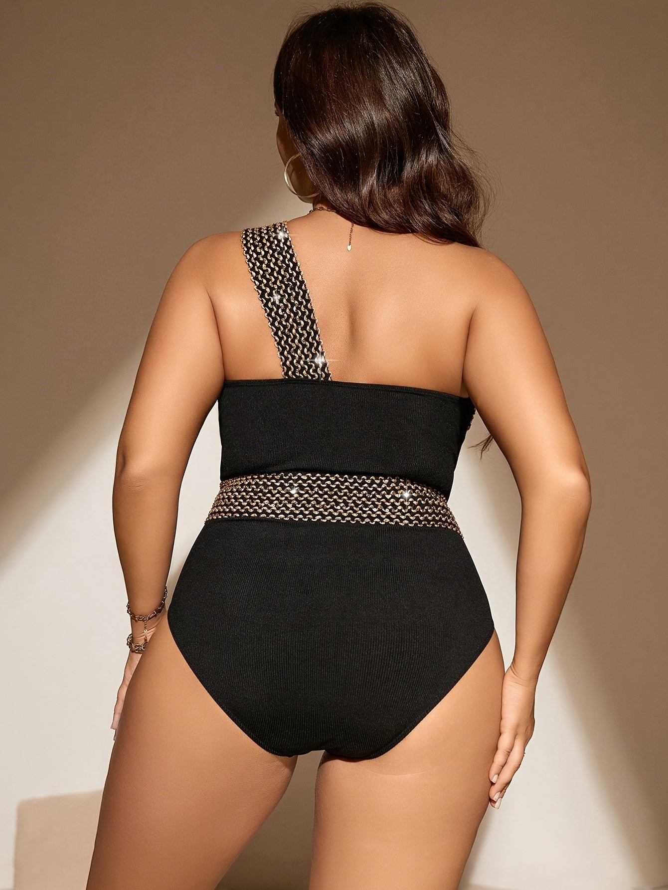 Plus Size Trendy Swimsuit, Women's Plus Stitch Detail One Shoulder Tummy Control One Piece Bathing Suit