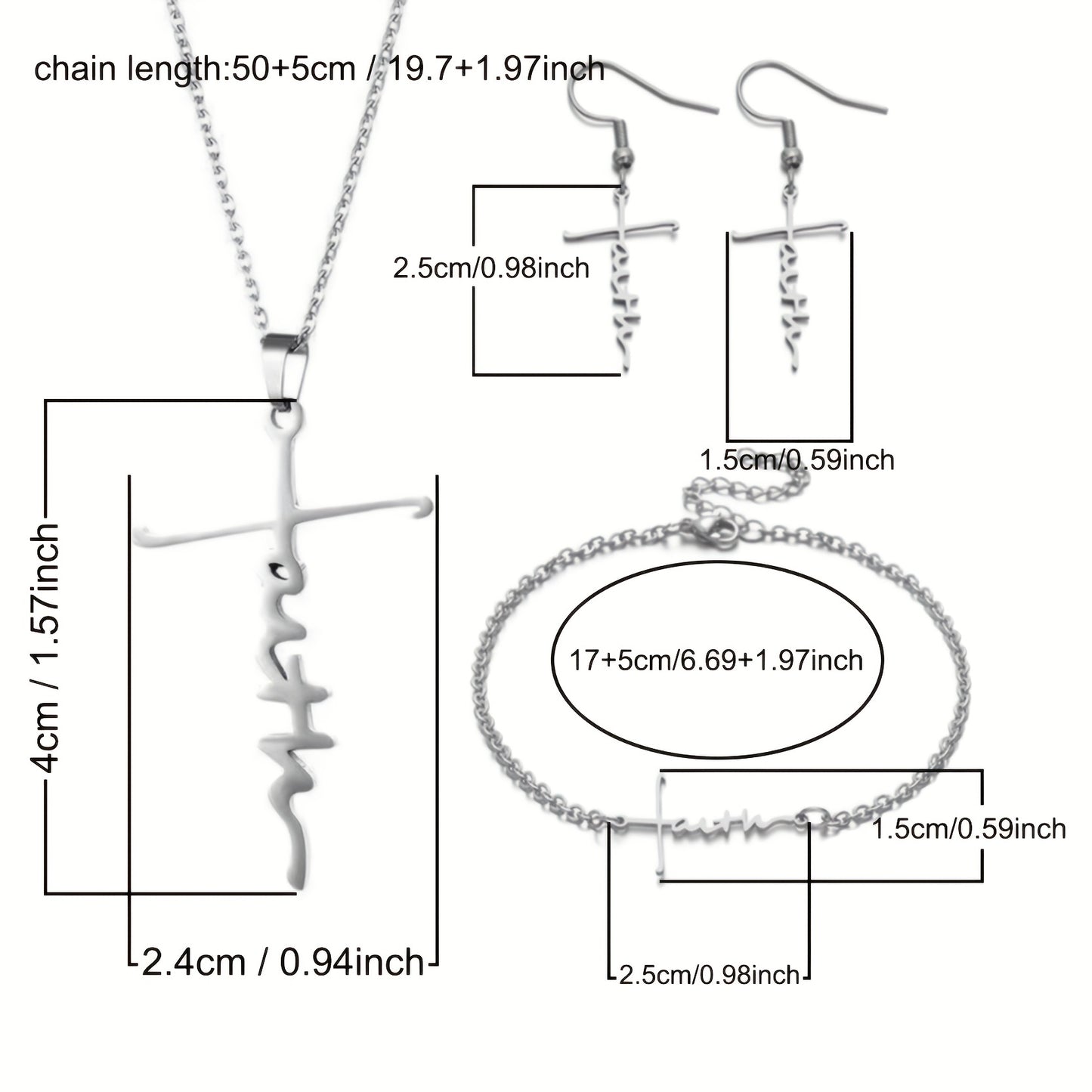 Stainless Steel Faith Cross Necklace & Bracelet & Earrings Set Christmas Easter Holiday Gift For Girls