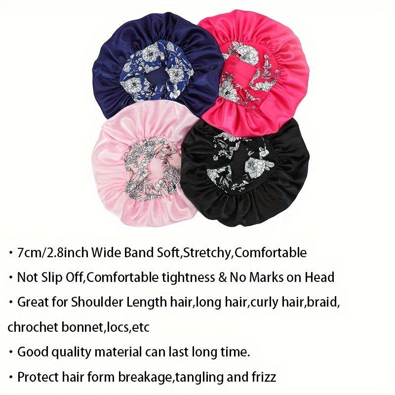 Silky Hair Bonnet Shower Cap For Women, Large Shower Cap With Rose Flower Pattern Elastic Wide Band For Curly Straight Hair, Bathroom Accessories