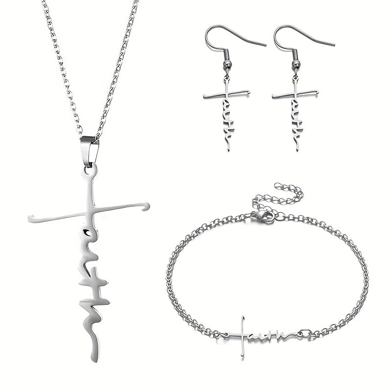 Stainless Steel Faith Cross Necklace & Bracelet & Earrings Set Christmas Easter Holiday Gift For Girls