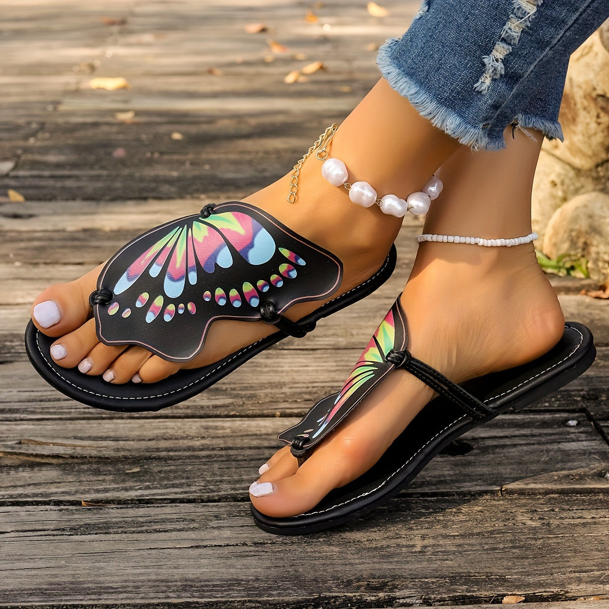 Summer Beach Butterfly Flats: Chic Animal Print Slip-On Thong Sandals, Soft Sole Lightweight Casual Slide Shoes for All-Season Comfort