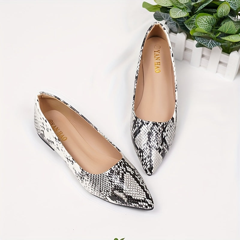 Women's Snakeskin Pattern Flat Shoes, Elegant Point Toe Slip On Shoes, Lightweight & Comfortable Shoes