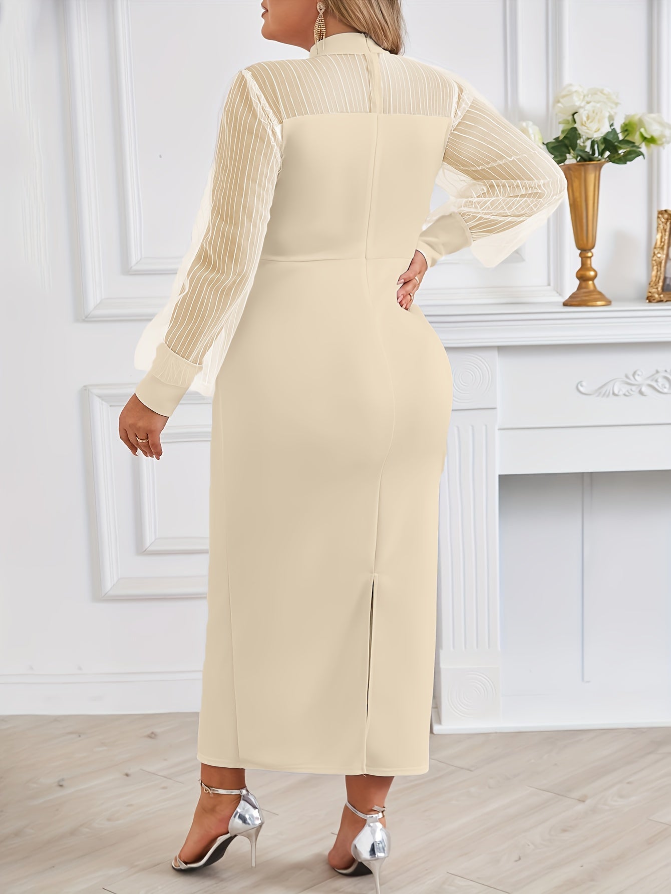 Women's Elegant Dress, Plus Size Contrast Mesh Lantern Sleeve Mock Neck Split Back Maxi Formal Dress