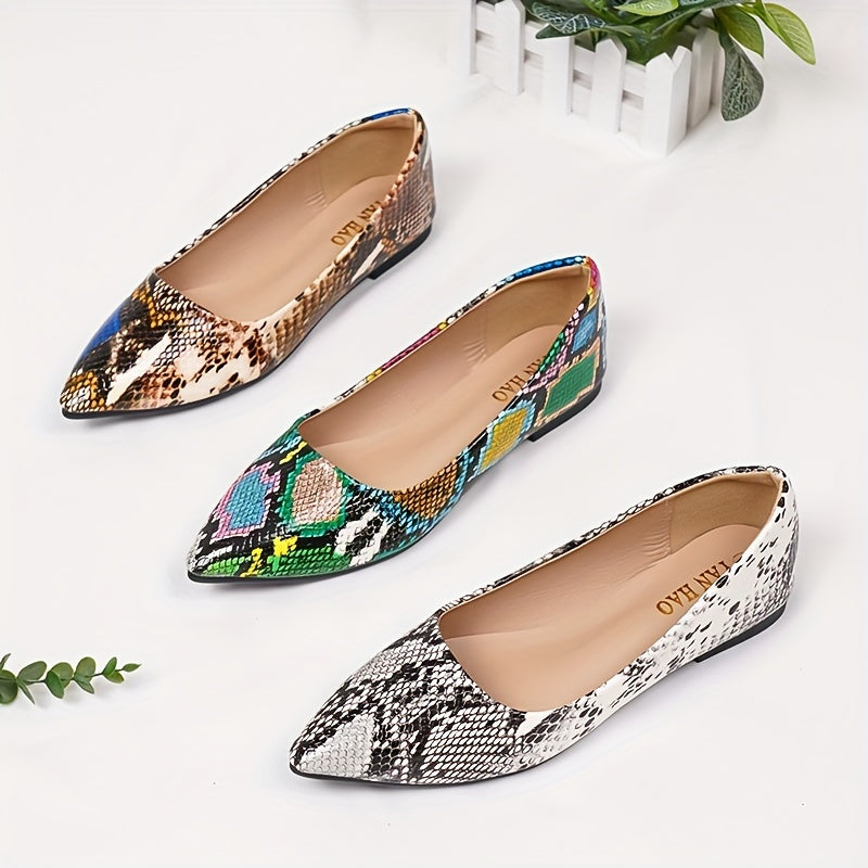 Women's Snakeskin Pattern Flat Shoes, Elegant Point Toe Slip On Shoes, Lightweight & Comfortable Shoes