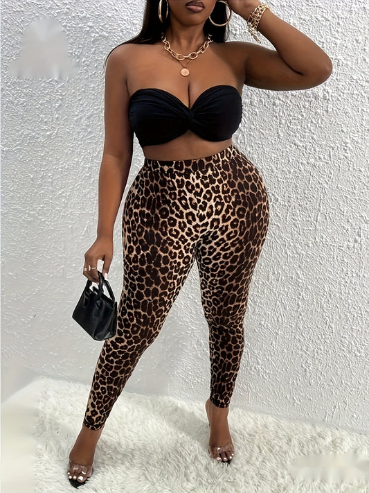 Plus Size Leopard Skinny Leggings, Casual Every Day Stretchy Leggings, Women's Plus Size Clothing