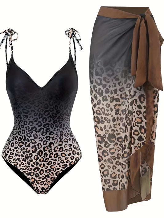 Plus Size Elegant Tankini Set, Women's Plus Leopard Print Tie Shoulder One Piece Swimsuit & Side Knot Skirt Tankini Two Piece Set